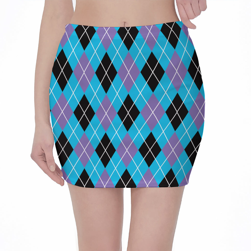 Blue Black And Purple Argyle Print Pencil Mini Skirt