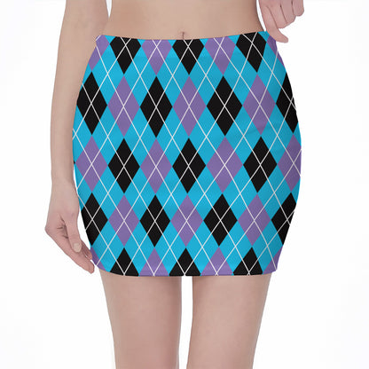 Blue Black And Purple Argyle Print Pencil Mini Skirt