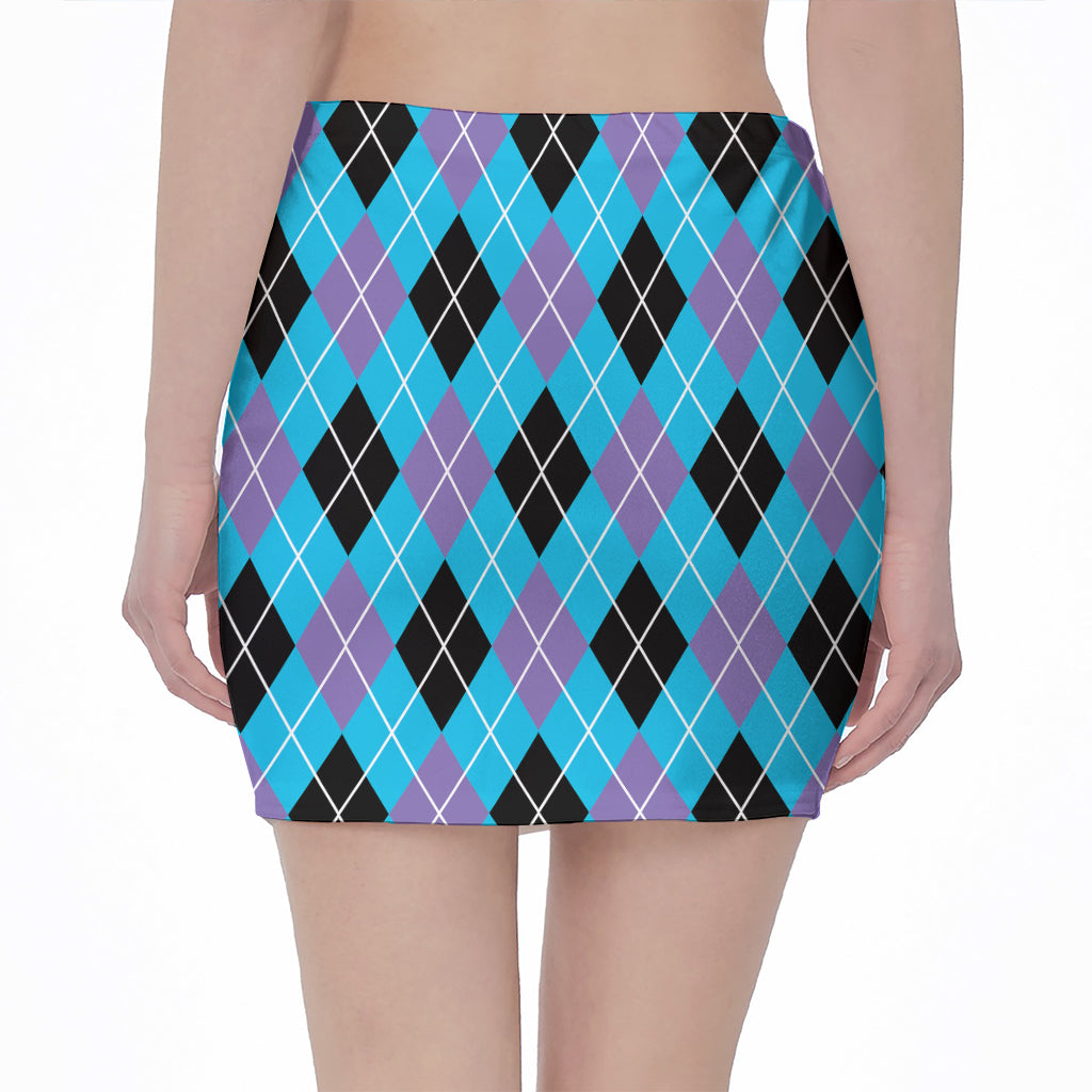 Blue Black And Purple Argyle Print Pencil Mini Skirt