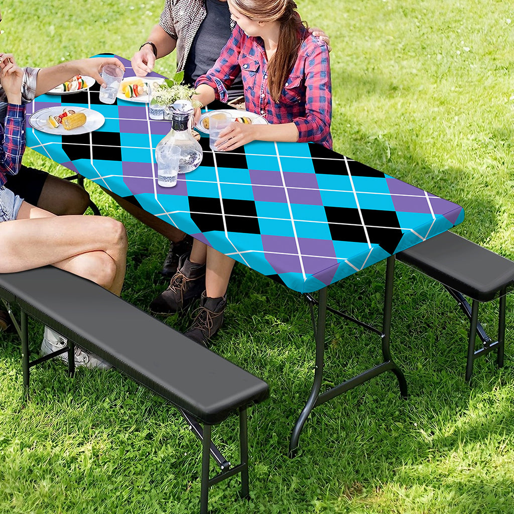 Blue Black And Purple Argyle Print Picnic Table Cover