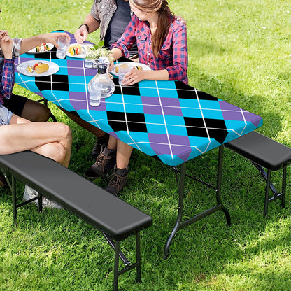 Blue Black And Purple Argyle Print Picnic Table Cover
