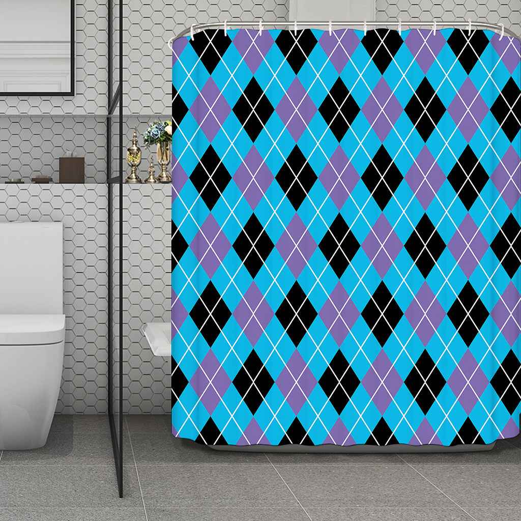 Blue Black And Purple Argyle Print Polyester Shower Curtain