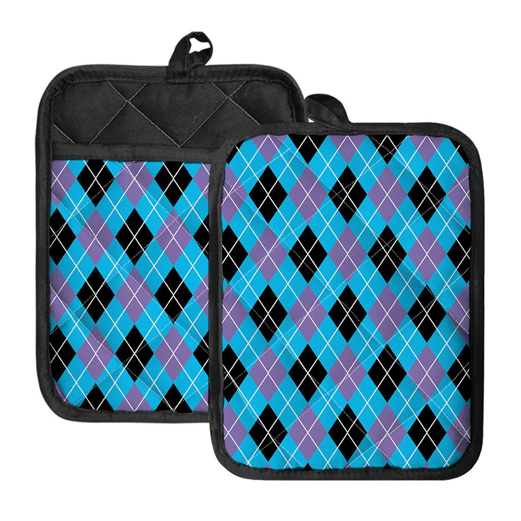 Blue Black And Purple Argyle Print Pot Holders With Pocket
