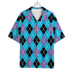 Blue Black And Purple Argyle Print Rayon Hawaiian Shirt