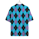 Blue Black And Purple Argyle Print Rayon Hawaiian Shirt