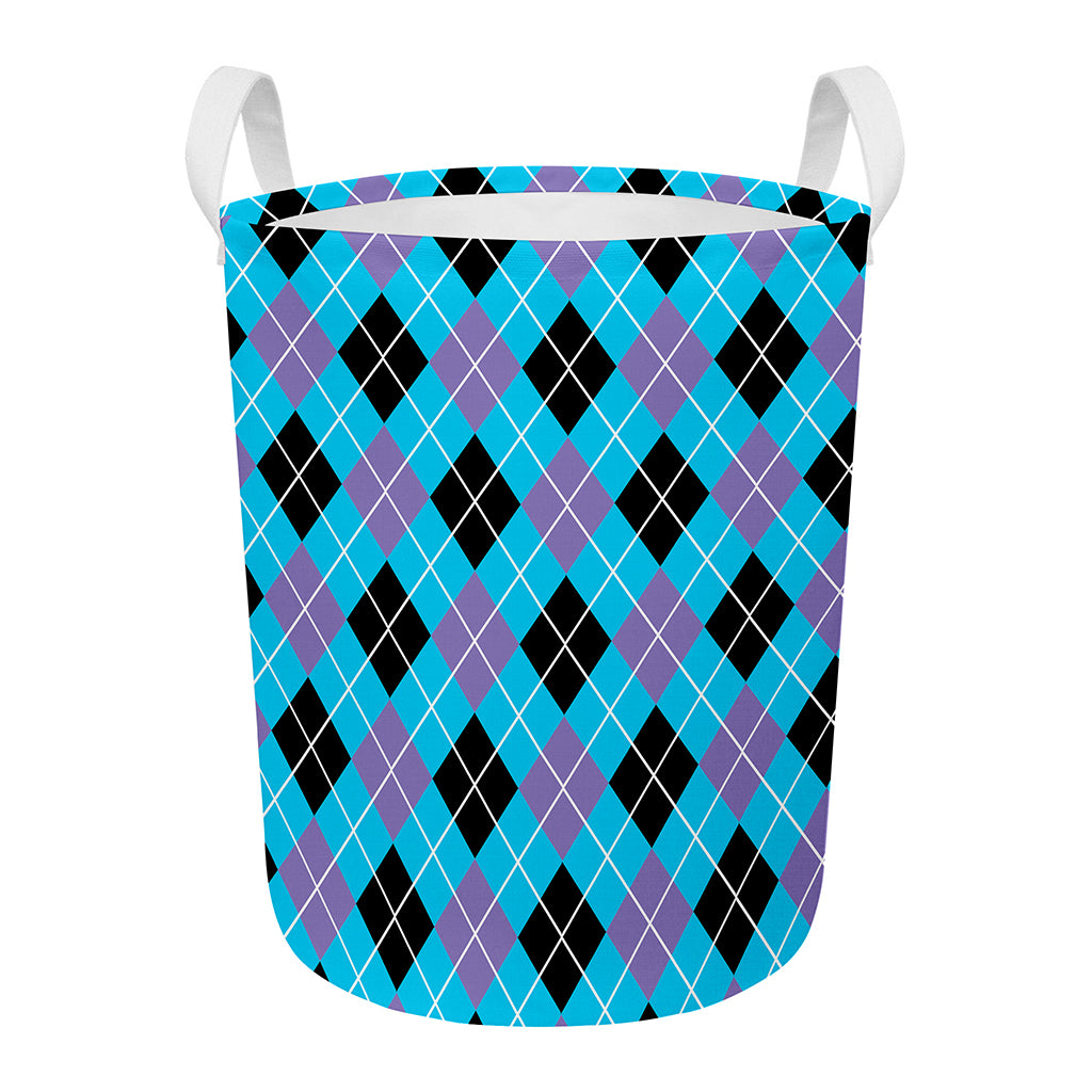 Blue Black And Purple Argyle Print Round Laundry Basket
