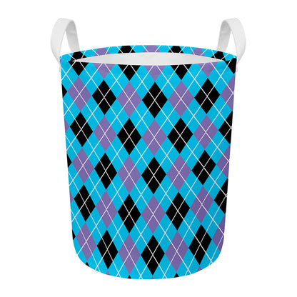 Blue Black And Purple Argyle Print Round Laundry Basket