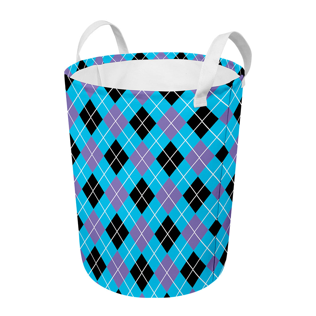Blue Black And Purple Argyle Print Round Laundry Basket