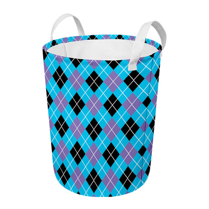 Blue Black And Purple Argyle Print Round Laundry Basket