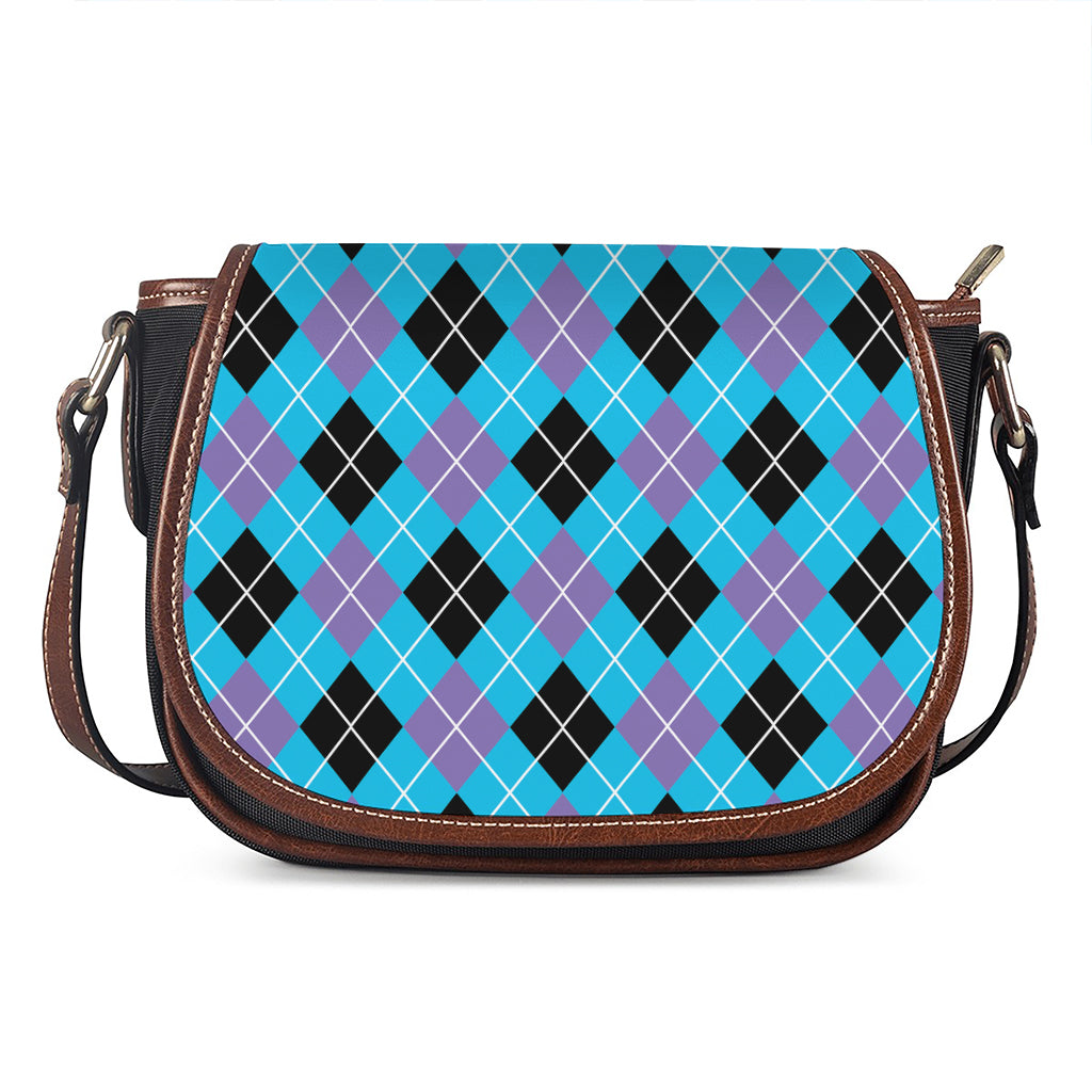 Blue Black And Purple Argyle Print Saddle Bag