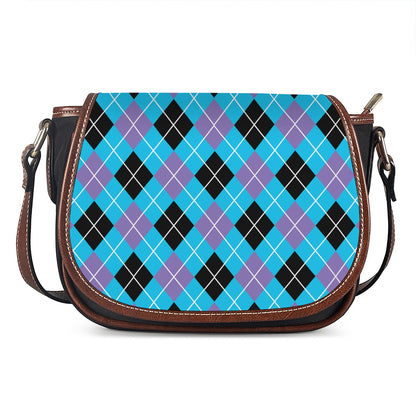Blue Black And Purple Argyle Print Saddle Bag