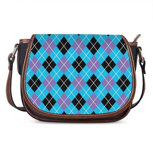 Blue Black And Purple Argyle Print Saddle Bag