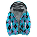 Blue Black And Purple Argyle Print Sherpa Lined Zip Up Hoodie