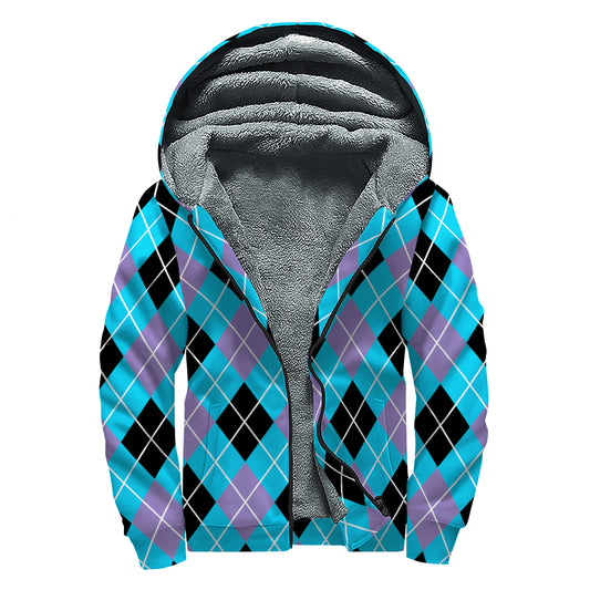 Blue Black And Purple Argyle Print Sherpa Lined Zip Up Hoodie
