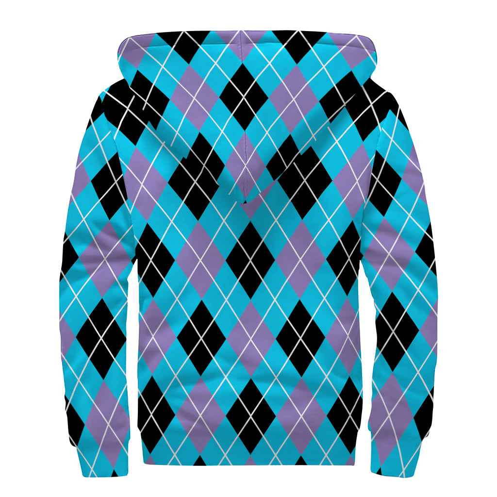 Blue Black And Purple Argyle Print Sherpa Lined Zip Up Hoodie