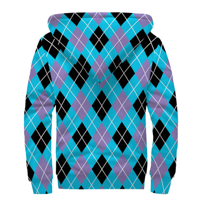 Blue Black And Purple Argyle Print Sherpa Lined Zip Up Hoodie