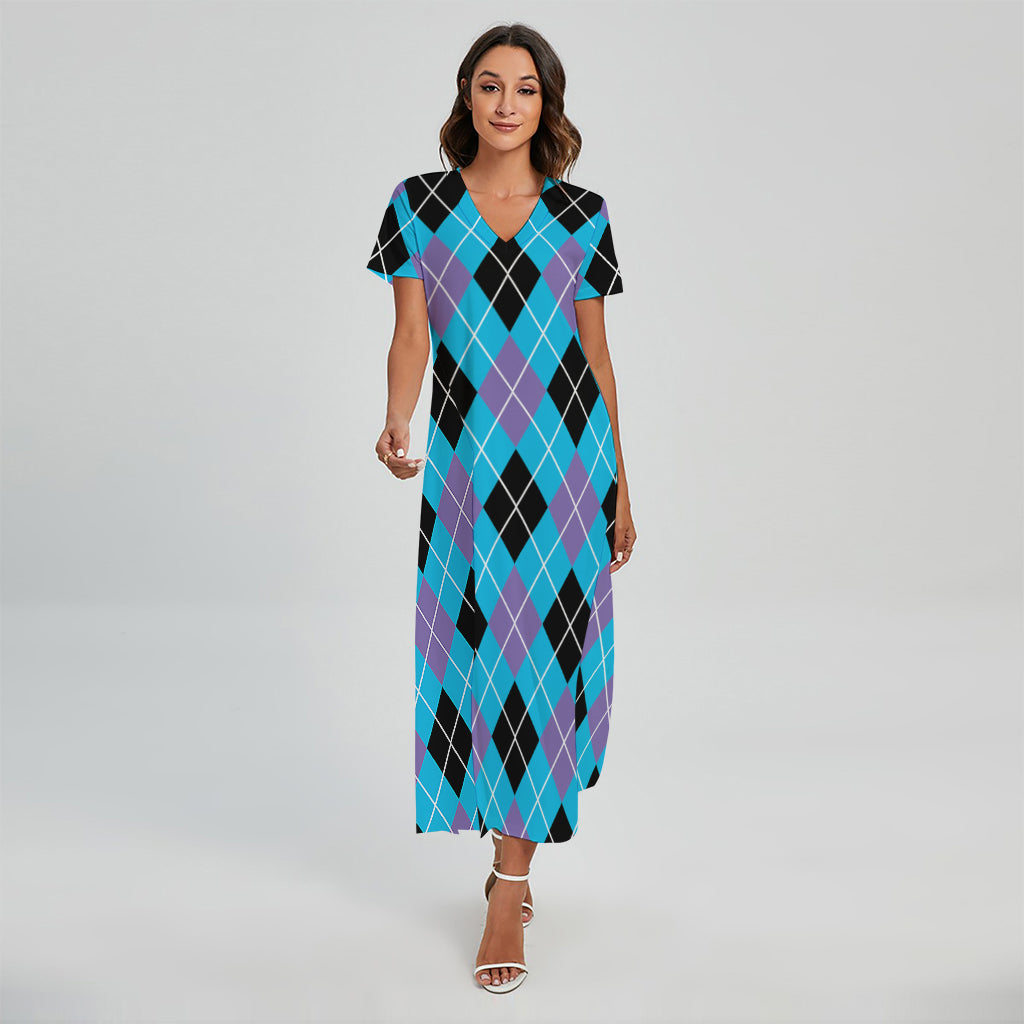 Blue Black And Purple Argyle Print Short Sleeve Maxi Dress