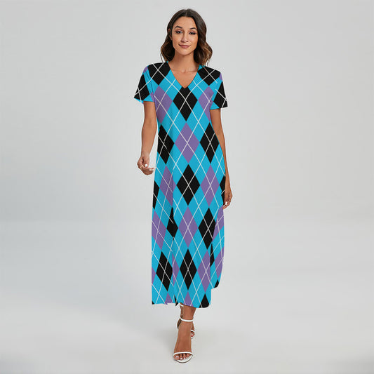 Blue Black And Purple Argyle Print Short Sleeve Maxi Dress
