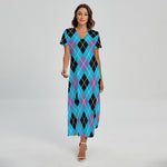 Blue Black And Purple Argyle Print Short Sleeve Maxi Dress