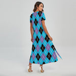 Blue Black And Purple Argyle Print Short Sleeve Maxi Dress