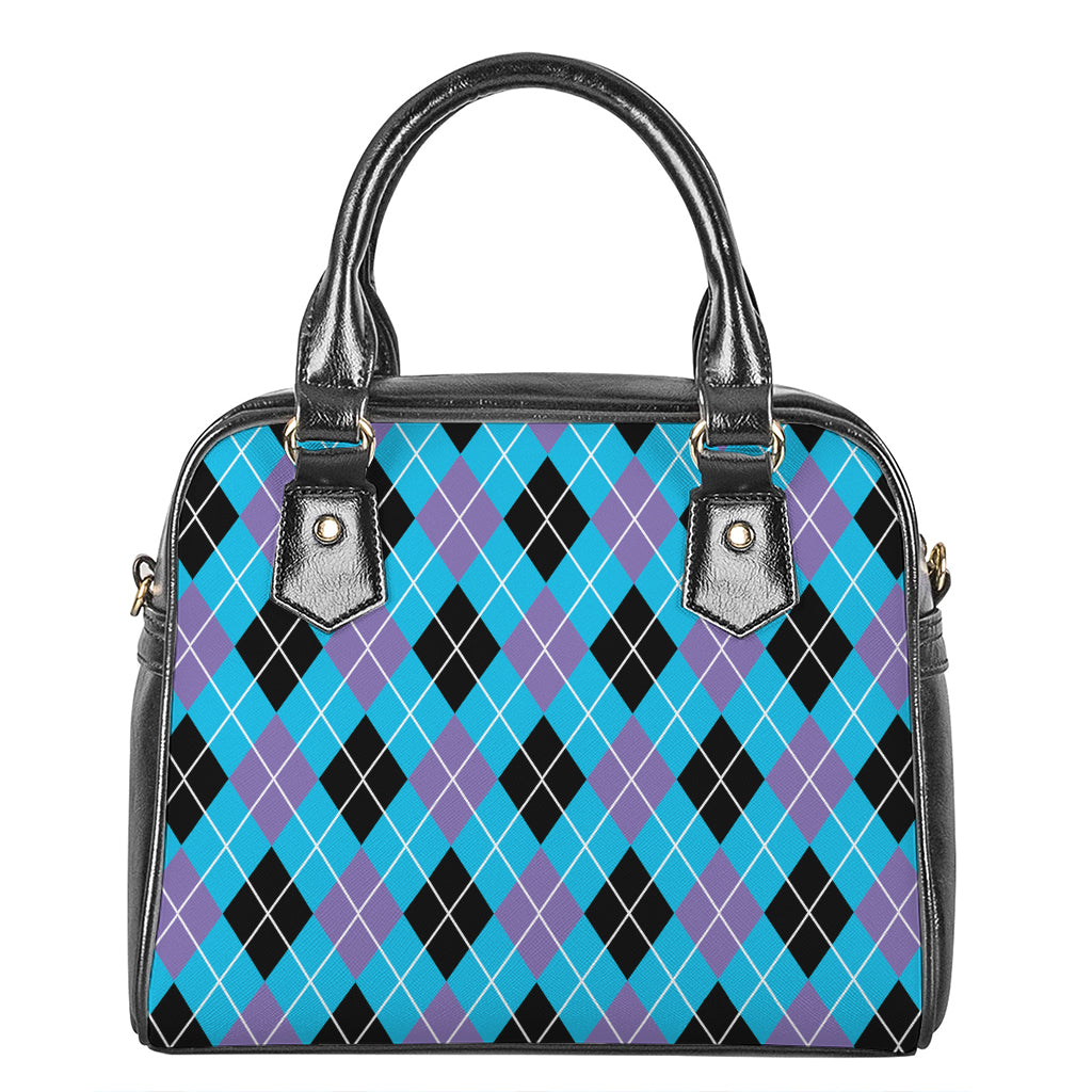 Blue Black And Purple Argyle Print Shoulder Handbag