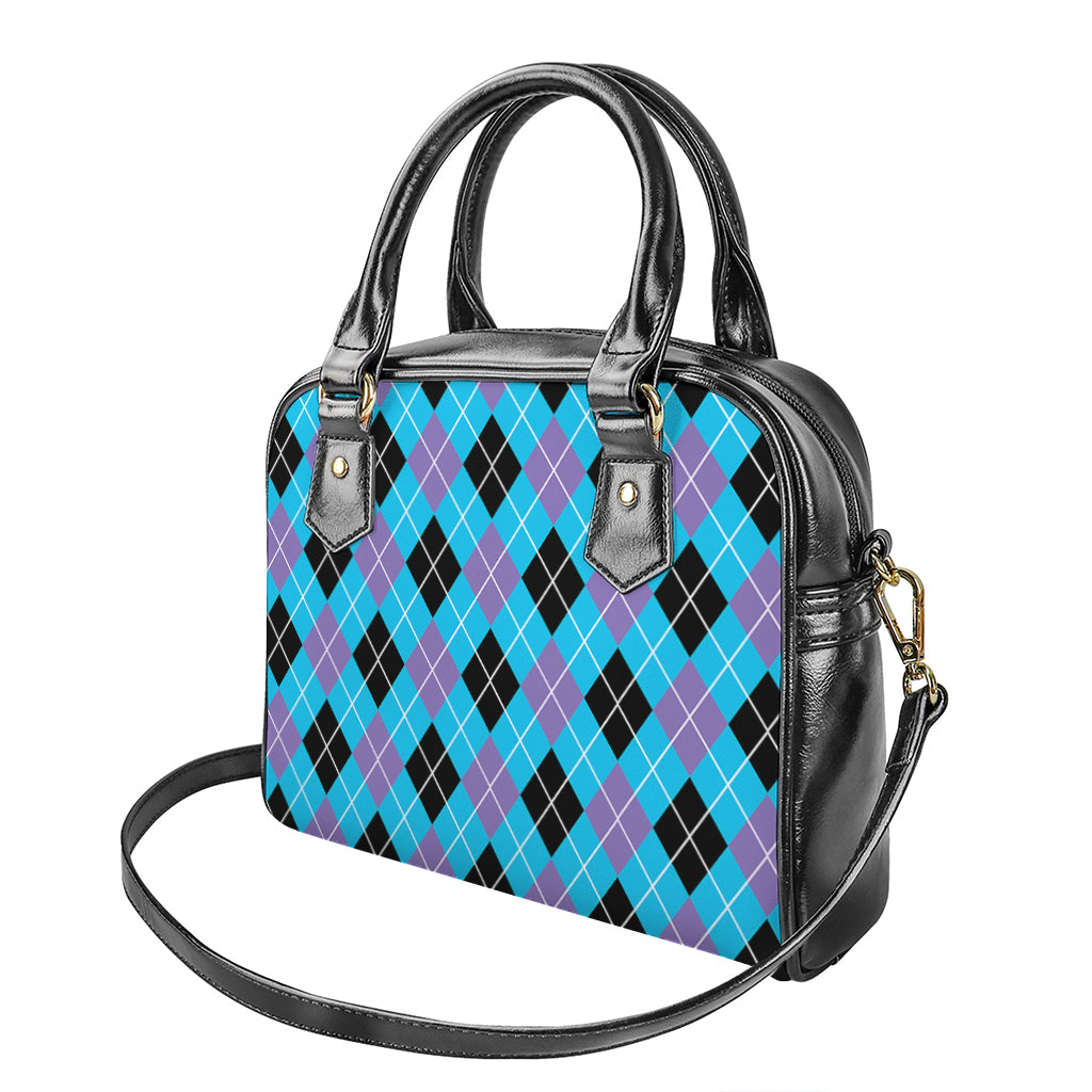 Blue Black And Purple Argyle Print Shoulder Handbag