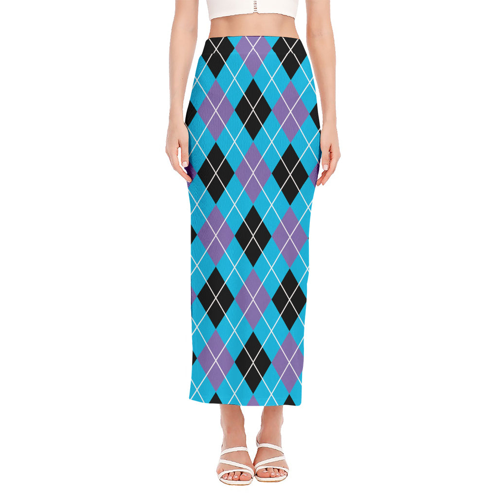 Blue Black And Purple Argyle Print Side Slit Maxi Skirt