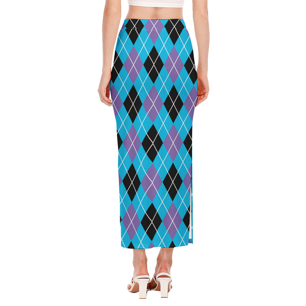 Blue Black And Purple Argyle Print Side Slit Maxi Skirt