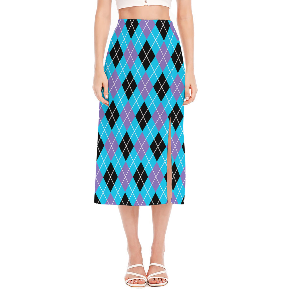 Blue Black And Purple Argyle Print Side Slit Midi Skirt