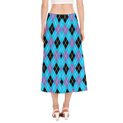Blue Black And Purple Argyle Print Side Slit Midi Skirt