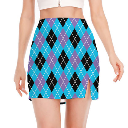 Blue Black And Purple Argyle Print Side Slit Mini Skirt