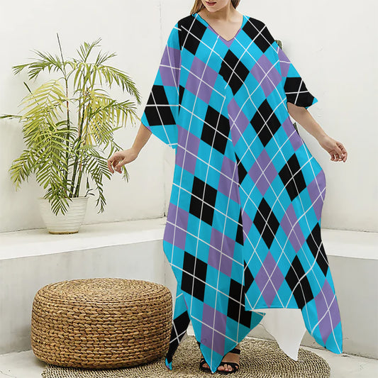 Blue Black And Purple Argyle Print Silk V-Neck Kaftan Dress