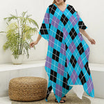 Blue Black And Purple Argyle Print Silk V-Neck Kaftan Dress