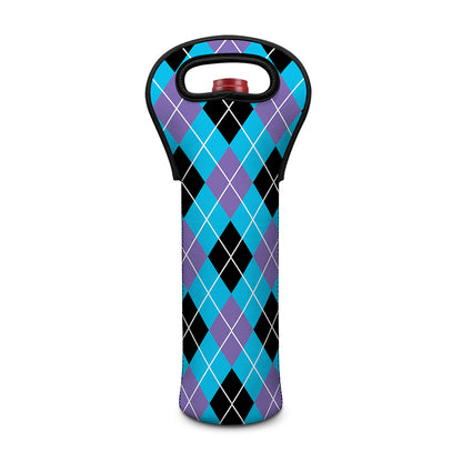 Blue Black And Purple Argyle Print Single Neoprene Wine Tote