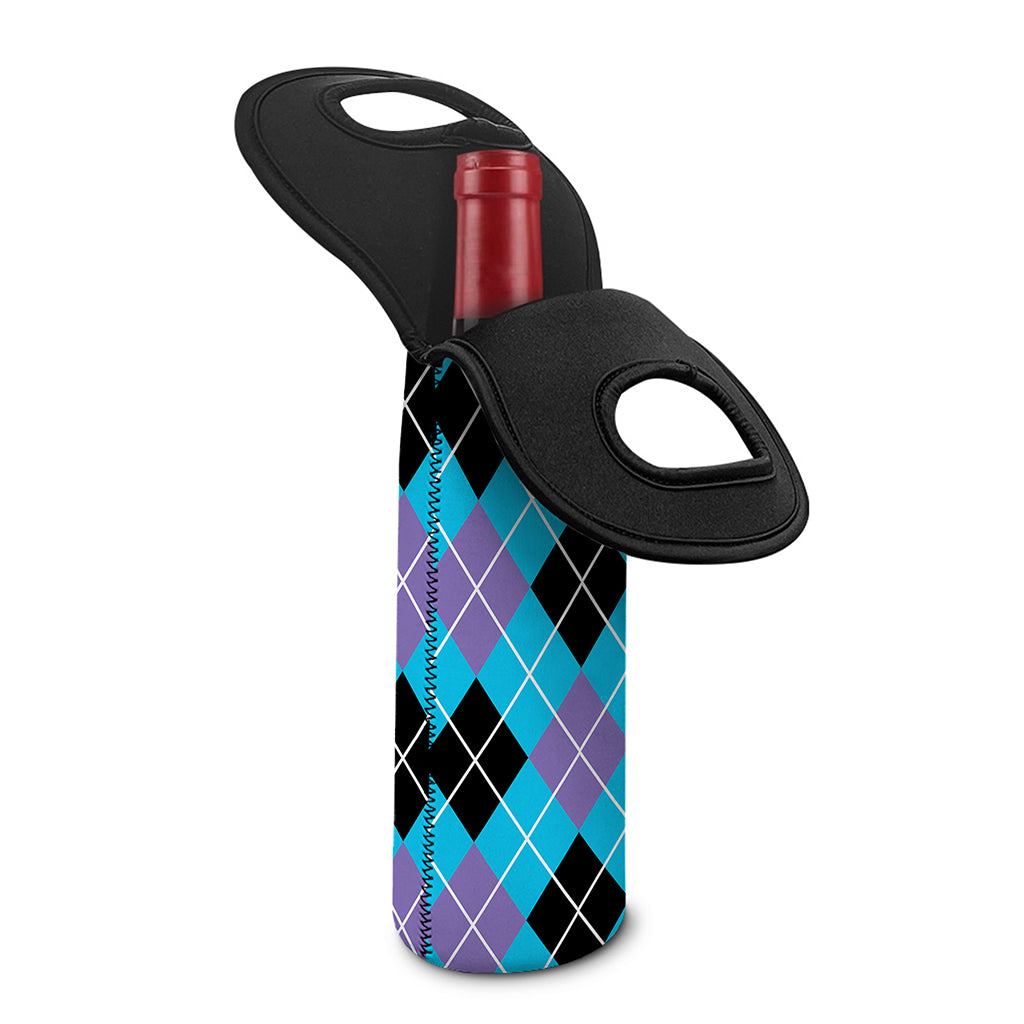 Blue Black And Purple Argyle Print Single Neoprene Wine Tote