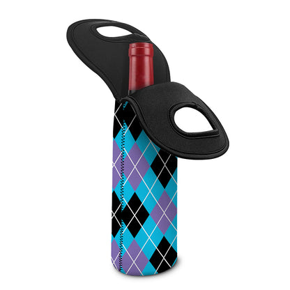 Blue Black And Purple Argyle Print Single Neoprene Wine Tote