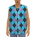 Blue Black And Purple Argyle Print Sleeveless Baseball Jersey