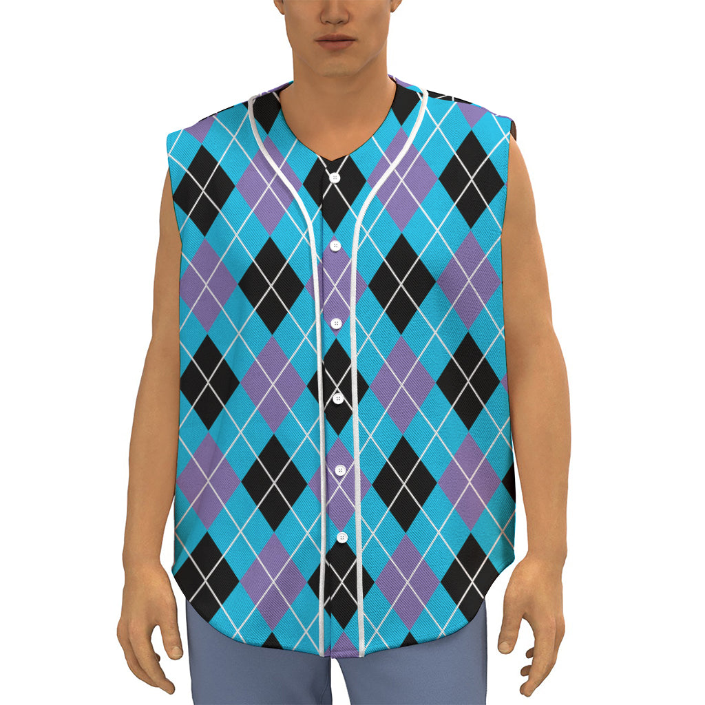 Blue Black And Purple Argyle Print Sleeveless Baseball Jersey