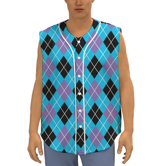 Blue Black And Purple Argyle Print Sleeveless Baseball Jersey