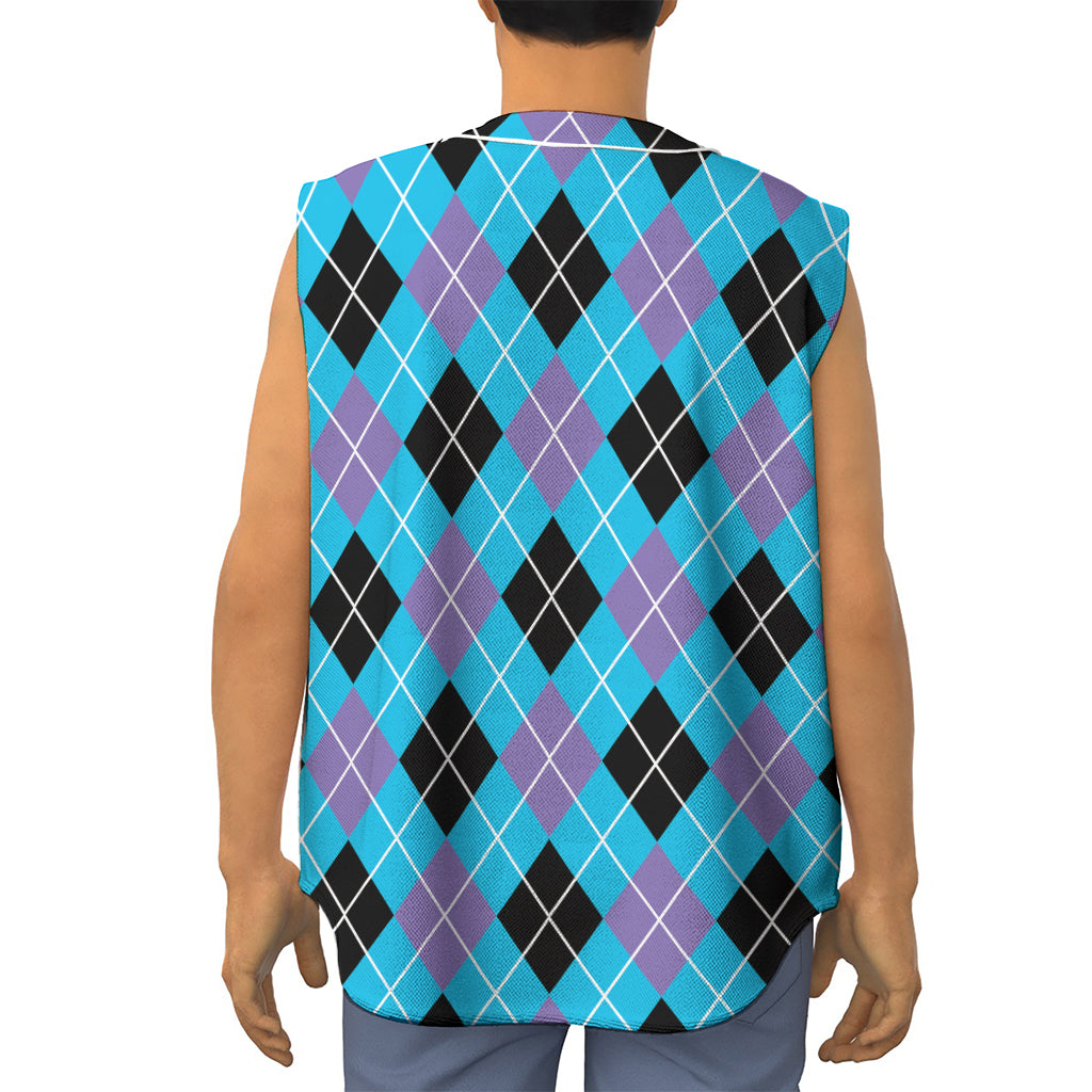 Blue Black And Purple Argyle Print Sleeveless Baseball Jersey