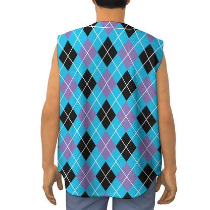 Blue Black And Purple Argyle Print Sleeveless Baseball Jersey