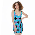 Blue Black And Purple Argyle Print Sleeveless Bodycon Dress