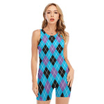 Blue Black And Purple Argyle Print Sleeveless One Piece Swimsuit