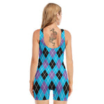 Blue Black And Purple Argyle Print Sleeveless One Piece Swimsuit