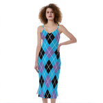 Blue Black And Purple Argyle Print Slim Fit Midi Cami Dress