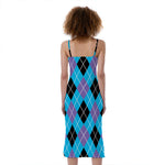 Blue Black And Purple Argyle Print Slim Fit Midi Cami Dress