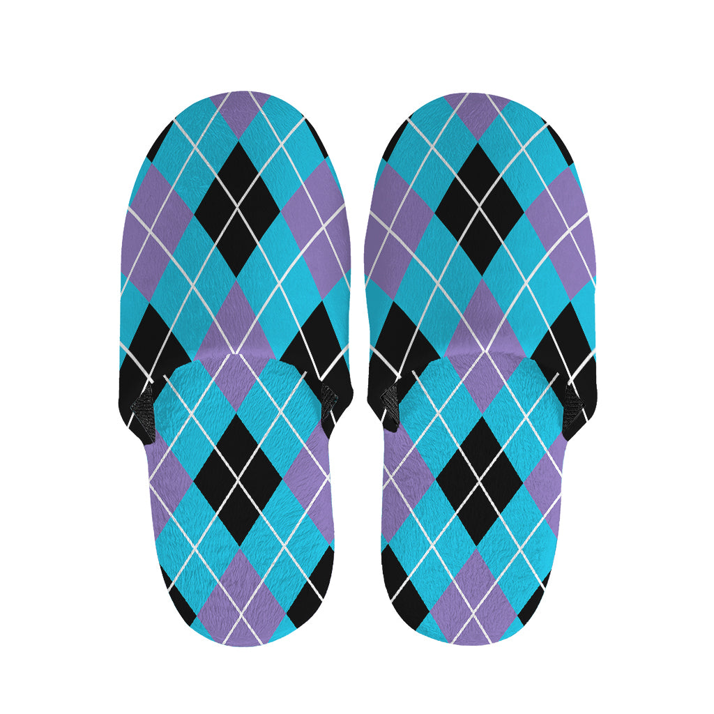Blue Black And Purple Argyle Print Slippers
