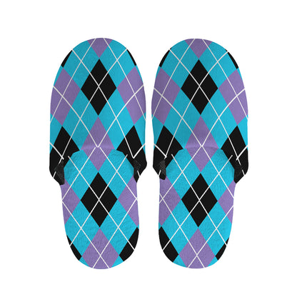 Blue Black And Purple Argyle Print Slippers