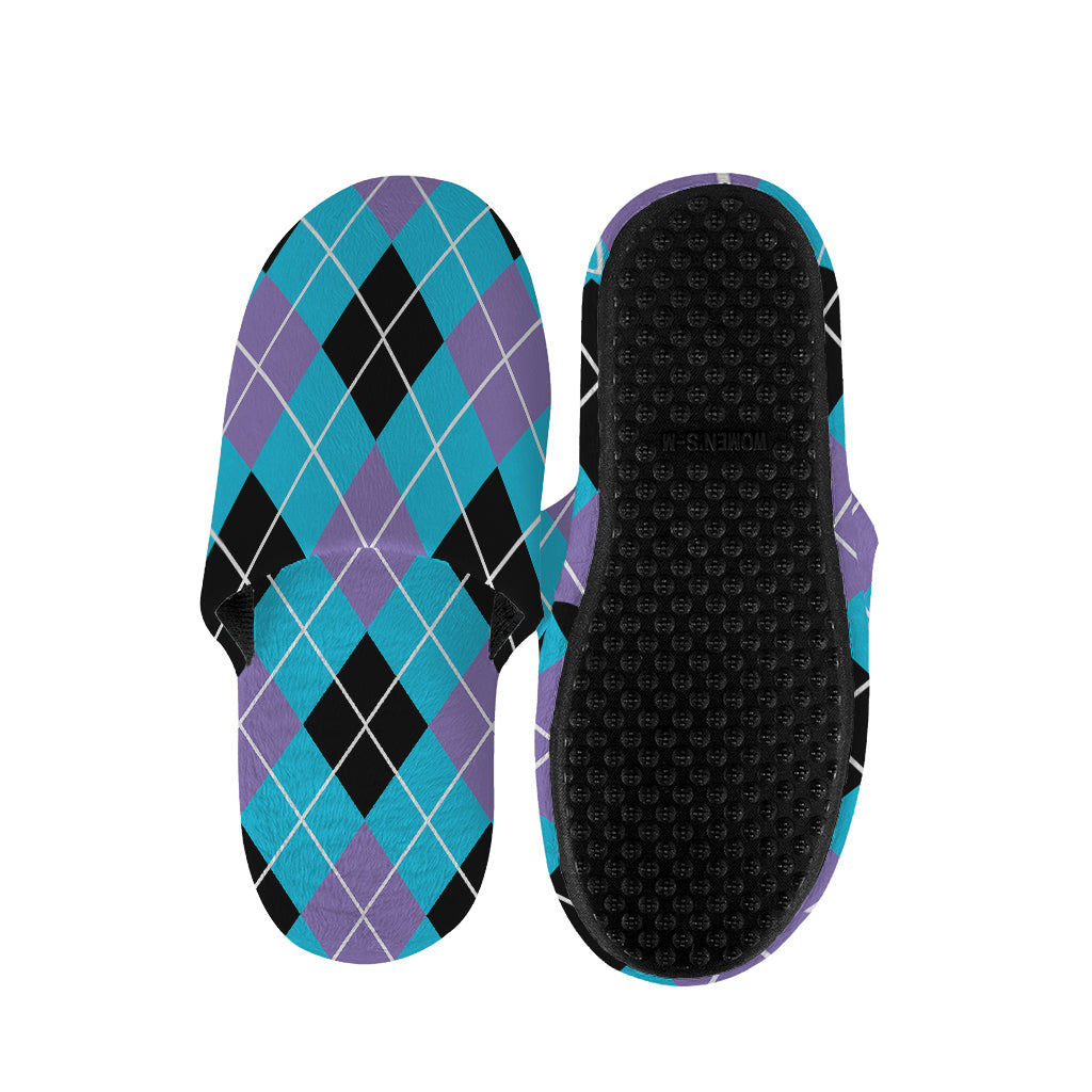 Blue Black And Purple Argyle Print Slippers