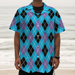 Blue Black And Purple Argyle Print Textured Short Sleeve Shirt